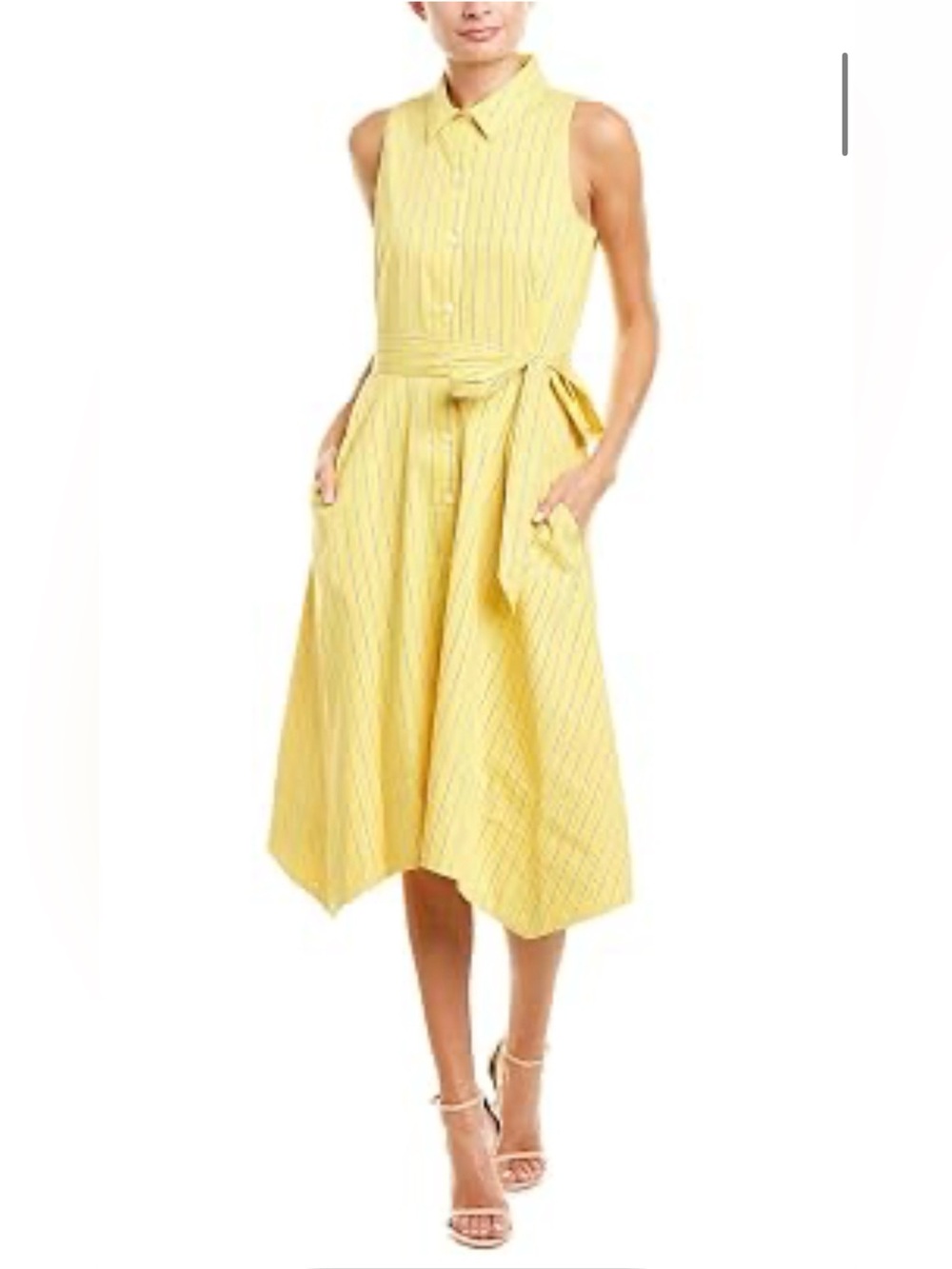 Tahari Yellow Striped Sleeveless Tie-Waist Midi Dress